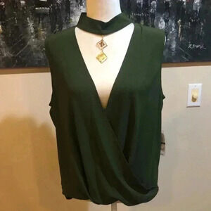 NWT Olive Green Faux Wrap Draped Top with Gold Accessory Necklace-Size XL